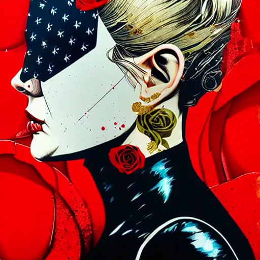 Image similar to portrait of britainwoman :: side profile :: in ocean :: roses and guns metal details :: gold :: blood and horror :: by marvel and Sandra Chevrier