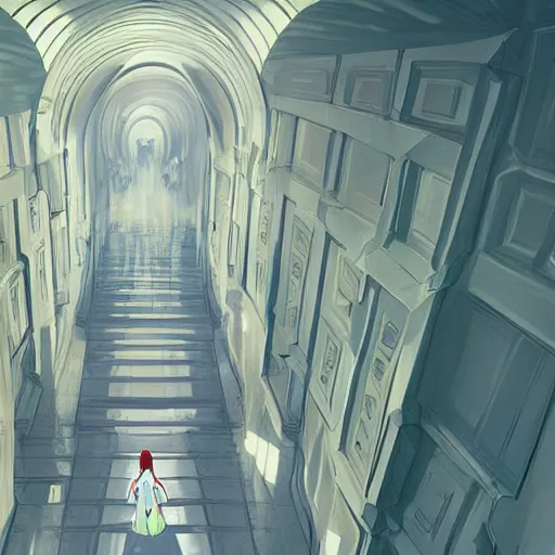 Image similar to a stunningly beautiful slimegirl woman in a bright white hallway with many doors and many stairs, Mc Escher architecture, epic composition, by Makoto Shinkai