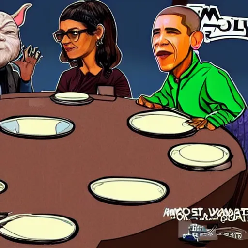 Image similar to peoples around a table, obama, yoda, elon musk, mia khalifa, skyrim