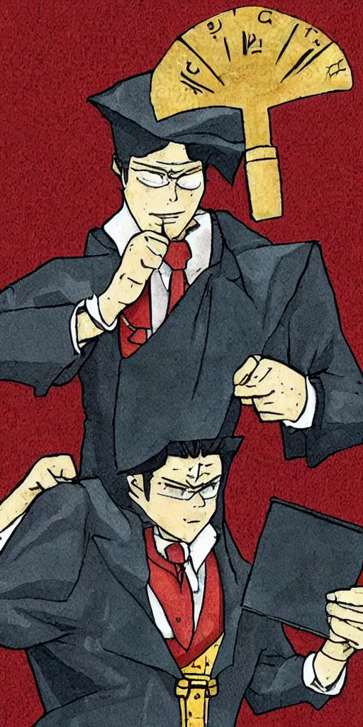 Prompt: the judge from Ace Attorney dressed as justice with a scale in one hand. Tarot card Justice