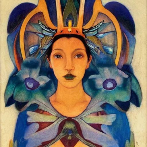 Prompt: the dawn crown, by Annie Swynnerton and Nicholas Roerich and Diego Rivera, bioluminescent skin, tattoos, wings made out of flowers, elaborate costume, geometric ornament, symbolist, soft colors, smooth, sharp focus, extremely detailed