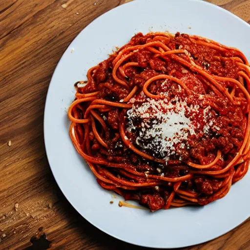 Image similar to hyperrealistic top view photo of spaghetti with bolognese sauce