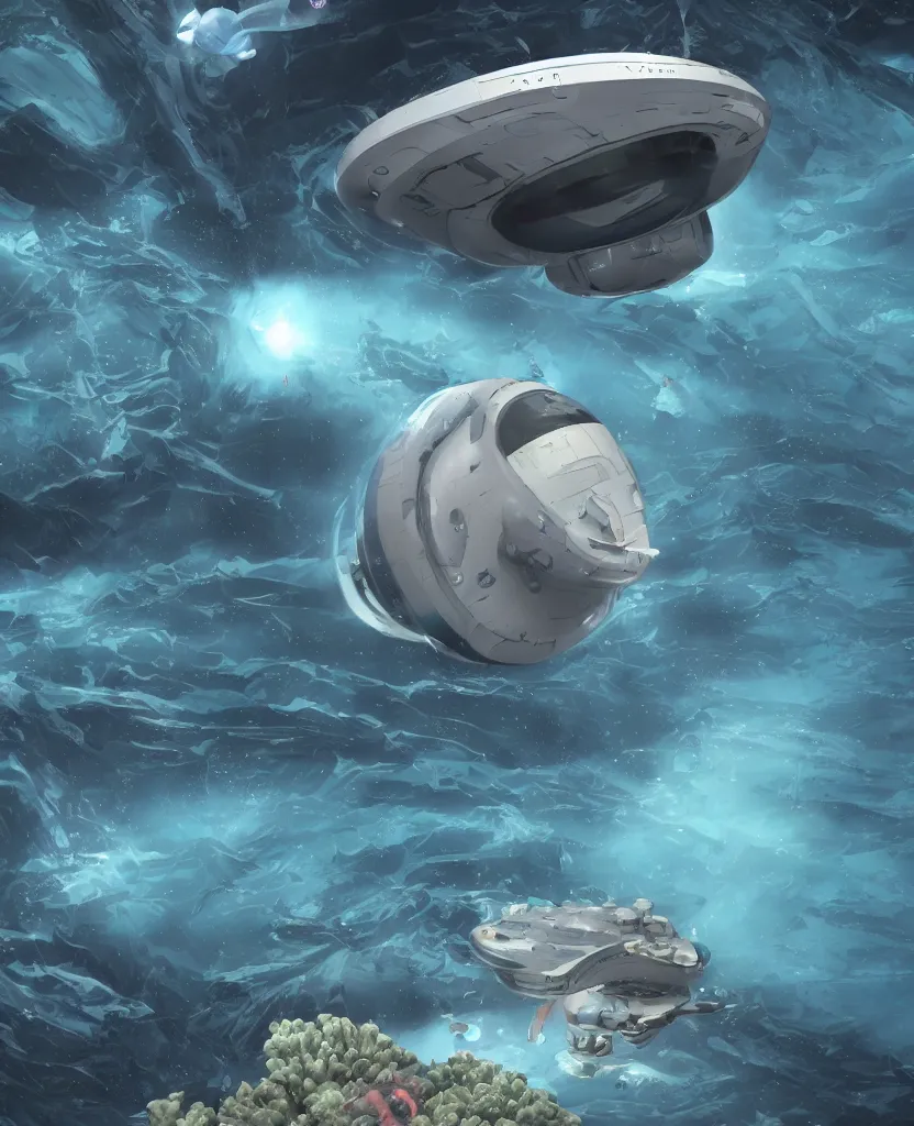 Image similar to white disc - shaped spacecraft submarine, fusion of subnautica and star trek, flying through a spectacular exotic underwater coral canyon, kelp forest, schools of fish, in the style of john eaves ron walotsky ralph mcquarrie, soft natural volumetric lighting, realistic 4 k unreal engine 5 beautifully detailed render, 4 k post processing, trending on artstation