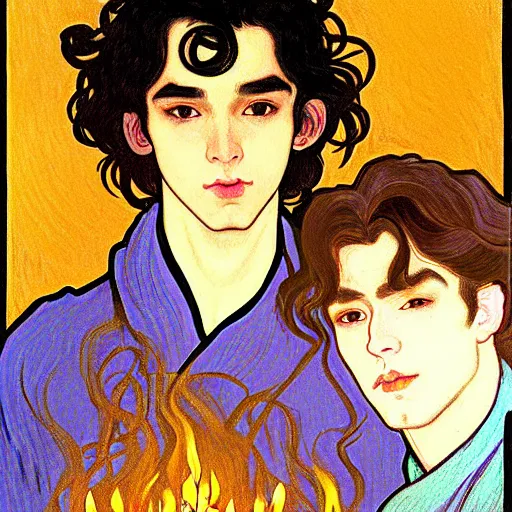 Image similar to painting of young cute handsome beautiful dark medium wavy hair man in his 2 0 s named shadow taehyung and cute handsome beautiful min - jun together at the halloween party, bubbling cauldron, candles, smoke, tarot, autumn colors, elegant, stylized, soft facial features, delicate facial features, art by alphonse mucha, vincent van gogh, egon schiele