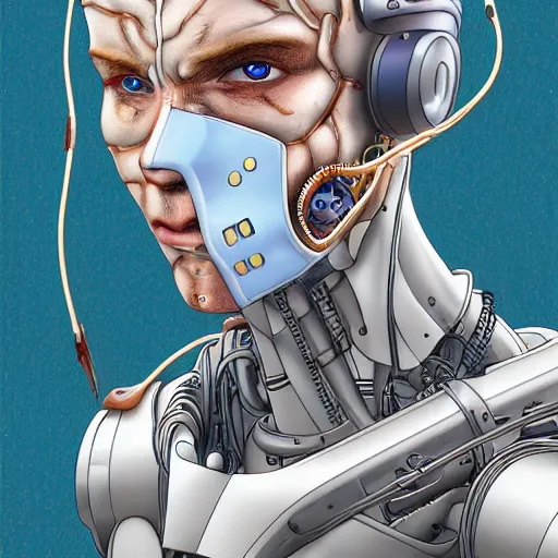 Image similar to Male cyborg, battle-damaged, scarred, wearing facemask, youthful face, bored expression, blue eyes, sterile background, head in profile, sci-fi, bio-mechanical, wires, cables, gadgets, Digital art, detailed, anime, artist Katsuhiro Otomo