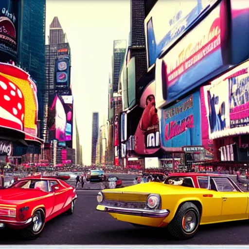 Prompt: vintage cars in times square in the 1 9 7 0 s, photorealistic, hyperdetailed 3 d matte painting, hyperrealism, hyperrealistic, cinematic, unrealengine octane render