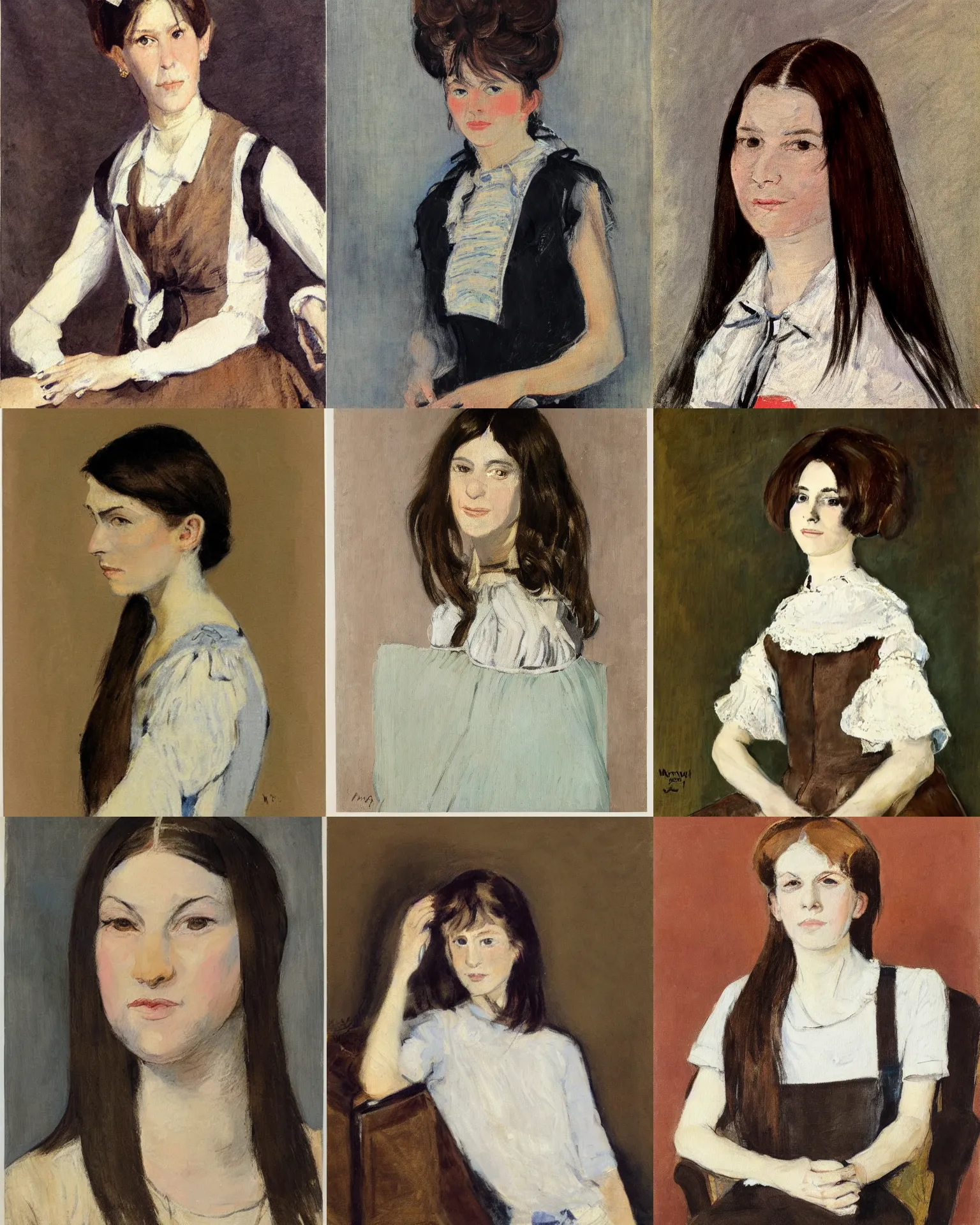 Prompt: a fashion portrait of a woman painted by mary cassat. she has long straight dark brown hair, parted in the middle. she has large dark brown eyes, a small refined nose, and thin lips. she is wearing a t - shirt with the supreme brand logo lettering on it, a sleeveless white blouse, a pair of dark brown capris, and black loafers.