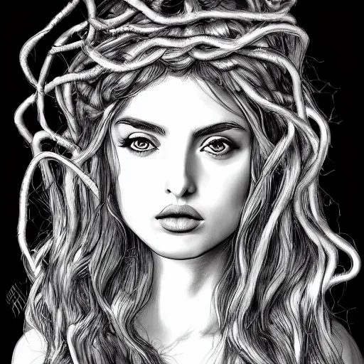Image similar to ana de armas portrait as medusa from greek mythology, living venomous snakes in place of hair, ink drawing, trending on artstation, by alphonso dunn
