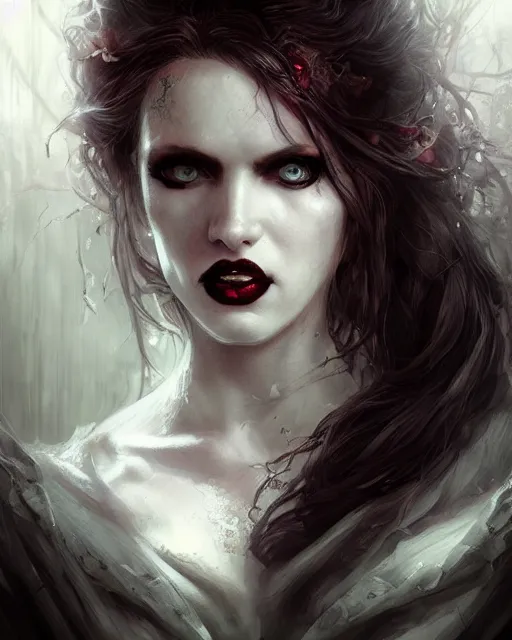 Image similar to vampire bride, hyper realistic face, beautiful eyes, fantasy art, in the style of greg rutkowski, intricate, hyper detailed, smooth