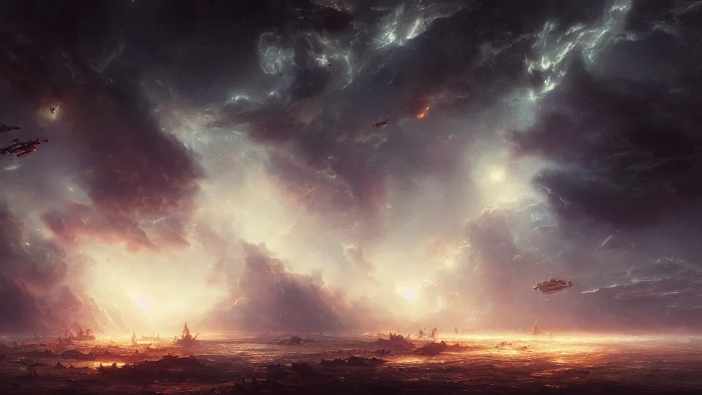 Image similar to a million space drones in a nebula. andreas achenbach, artgerm, mikko lagerstedt, zack snyder 3 8 4 0 x 2 1 6 0