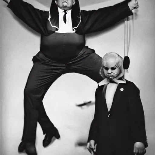 Prompt: donald trump as a circus strong man, black and white photo