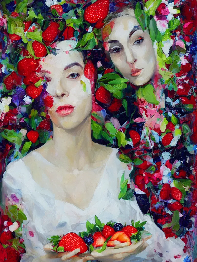 Image similar to “organic, portrait of a woman wearing white silk, neoexpressionist, eating luscious fresh raspberries and strawberries and blueberries, edible flowers, acrylic and spray paint and oilstick on canvas”