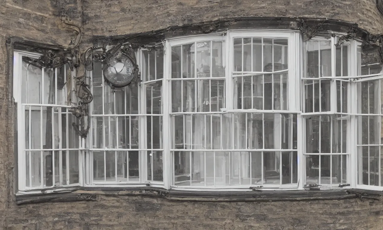 Image similar to intrinsic blueprint of an english sash window, with steampunk elements, descriptions