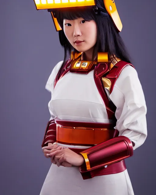 Prompt: centered medium shot fine studio photograph of a beautiful asian girl wearing only a mecha electronic samurai helmet with led lights, ultra-realistic, white background, 8k HDR sunset lit, intricate