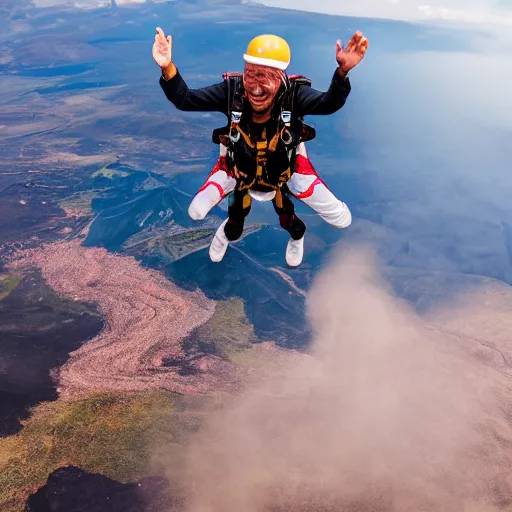 Prompt: elderly man skydiving over a volcano, smiling, happy, volcano, hot, eruption, magma, lava, canon eos r 3, f / 1. 4, iso 2 0 0, 1 / 1 6 0 s, 8 k, raw, unedited, symmetrical balance, wide angle