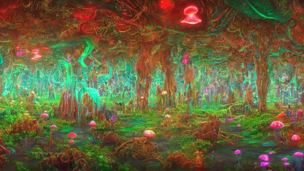 Prompt: 8k, acid trip, hall of mirrors, ultra detailed, a hyperrealistic image of a mycelium forest with neon glowing mushrooms, with magical creatures, in the style of Pokémon red, trending on patreon, artstation, deviantart. Unreal engine