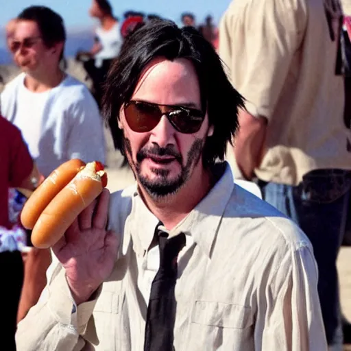 Image similar to keanu reeves dressed as a baby smoking a hot dog at burning man