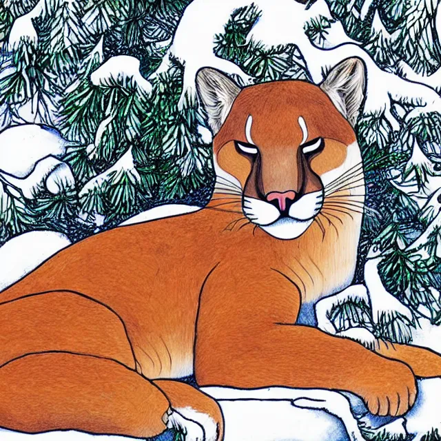 Prompt: colouring book showing 'a cougar sleeping in the middle of snowy pine tree' laying on coffee table, zoomed out shot, HD