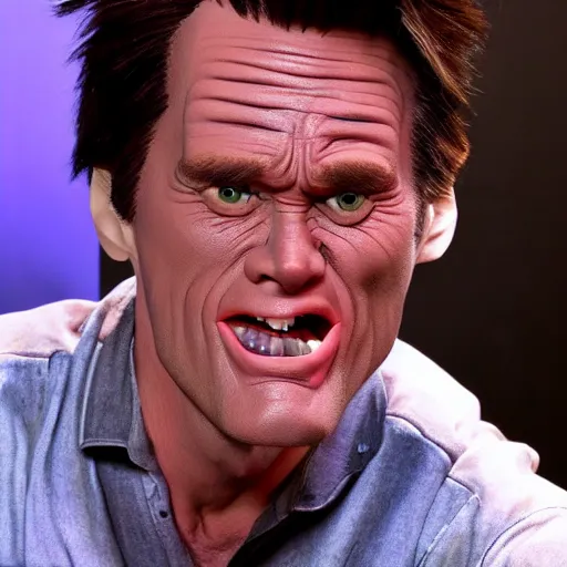 Image similar to animatronic Jim Carrey, exposed mechanics, test photo, Stan Winston studios, detailed, 4k