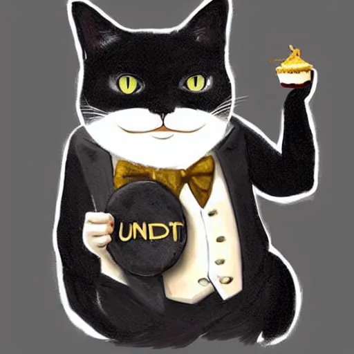 Image similar to a black fat cat on a tuxedo holding a bagel!, trade offer meme, art by greg rutkowski