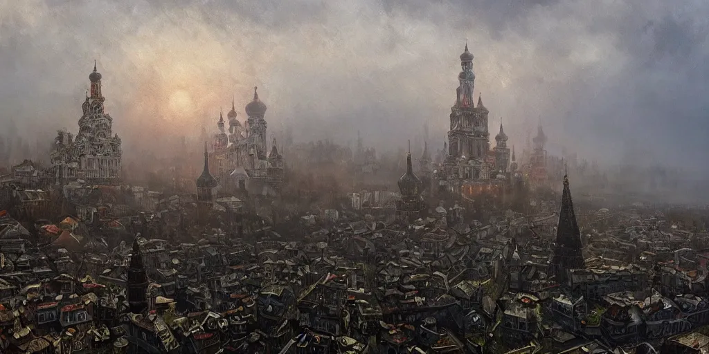 Image similar to beautiful magical ancient Slavic city of Kitezh in mist, magical glow, magic mist, strange buildings, oil painting, painting by Viktor Vasnetsov, concept art, fantasy cityscape, ancient Russian architecture, painting by Ivan Shishkin, hyperborea, high resolution, trending on artstation, hyperrealism