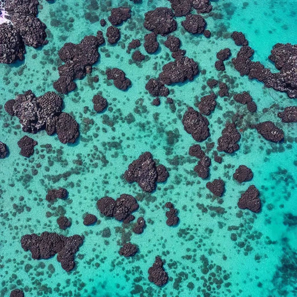 Prompt: birds eye view above a crystal clear blue ocean with swirling sea foam, dark black smooth obsidian boulders, floating kelp, small fishes, octopus, dolphins, stingrays, whale