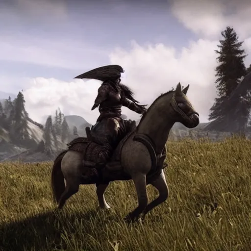 Prompt: Dragonborn riding chonky horse through meadow in Skyrim