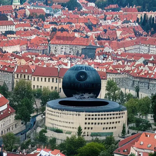 Prompt: Death Star from Star Wars orbiting above Prague Castle