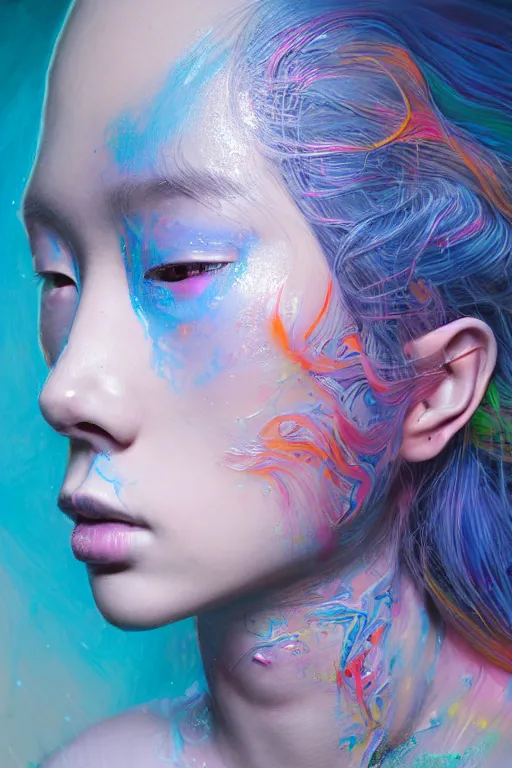 Prompt: hyperrealistic photography of a gorgeous girl pouring multicolored luminescent paint on her head in the style of jin kagetsu, james jean, chris cunninham, hans bellmer and wlop, highly detailed, face symmetry, masterpiece, award - winning, sharp focus, intricate concept art, ambient lighting, 8 k, artstation