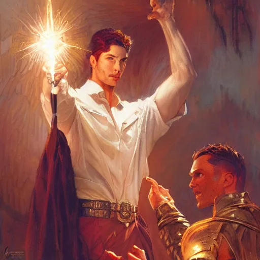 Image similar to attractive male deity casts light spell, summons attractive male lucifer morningstar. highly detailed painting by gaston bussiere, craig mullins, j. c. leyendecker 8 k