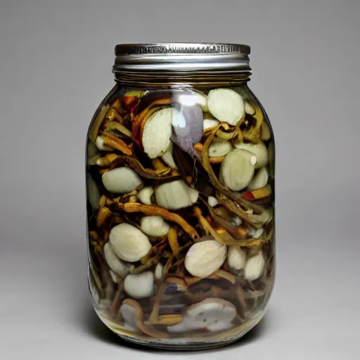 Prompt: a jar with pickled rats