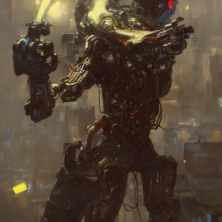 Prompt: a oil painting of a cybernetic cowboy duelwielding a revolvers in the style of cyberpunk in the style of Frank Frazetta trending on artstation deviantart Pinterest detailed realistic High Resolution HD 8k