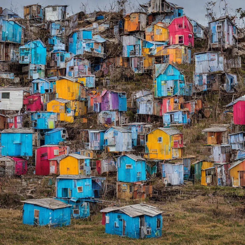 Prompt: a tower made up of colourful makeshift squatter shacks, dystopia, sony a 7 r 3, f 1 1, fully frontal view, photographed by jeanette hagglund, ultra detailed,