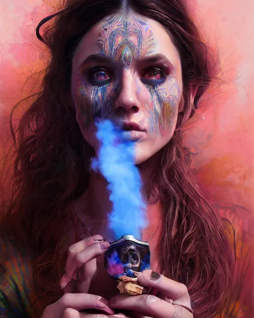 Image similar to portrait of a brunette in tie - dye, smoking a vintage tobacco pipe | highly detailed | very intricate | symmetrical | professional model | cinematic lighting | award - winning | painted by mandy jurgens and jesper elsing and rhads and tyler edlin | pan futurism, dystopian, bold colors, cyberpunk, anime aesthestic | featured on artstation