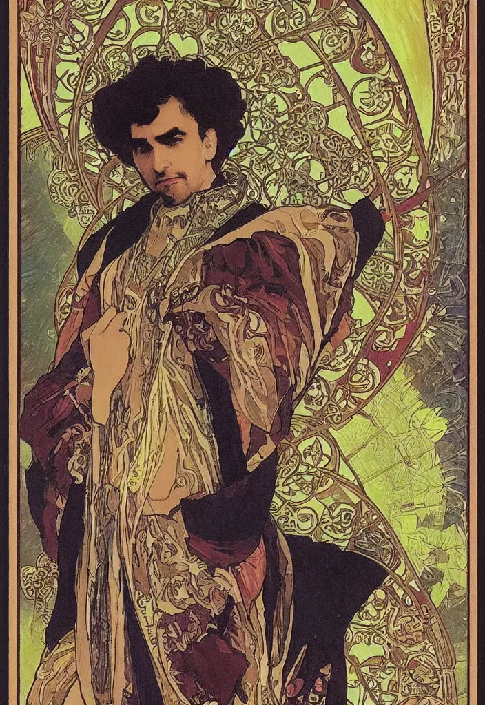 Prompt: Yoshua Bengio as the emperor on a tarot card, tarot in art style by Alphonse Mucha