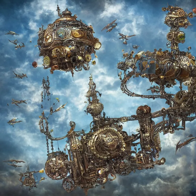 Image similar to flying city in a mechanical flower, sky!, fantasy art, steampunk, masterpiece, behrens style