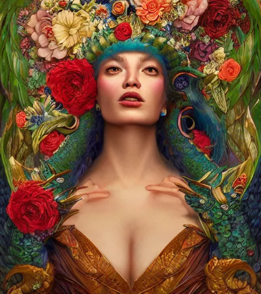 Image similar to portrait of a quetzalcoatl, surrounded by flowers by karol bak, james jean, tom bagshaw, rococo, trending on artstation, cinematic lighting, hyper realism, octane render, 8 k, hyper detailed, ink by frank miller