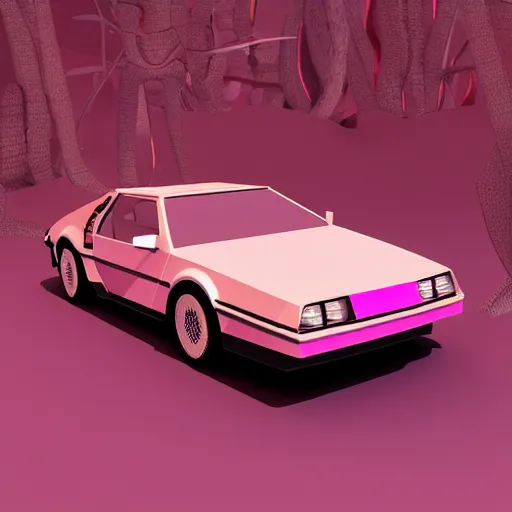 Image similar to primitive, low polygon render of a pink delorean in the jungle