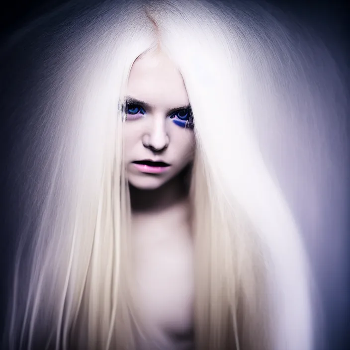 Image similar to a young woman with long blond hair dressed in white, fine art photography light painting in style of Paolo Roversi, professional studio lighting, dark blur background, hyper realistic photography, fashion magazine style