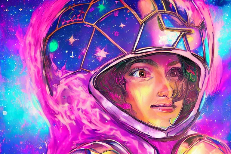 Image similar to digital art of a beautiful princess wearing suit of armor looking up at the stars, acrylic art, universe, painting, pastel colors, synthwave, retro, cyberpunk,