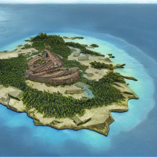 Image similar to Long forgotten island that once hosted a great civilization now gone, Tropical Island, matte painting, concept art, top down view