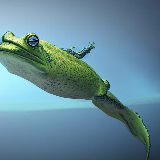 Image similar to hybrid of frog whale swimming in ocean, extremely detailed raytracing, vray, 5 5 mm