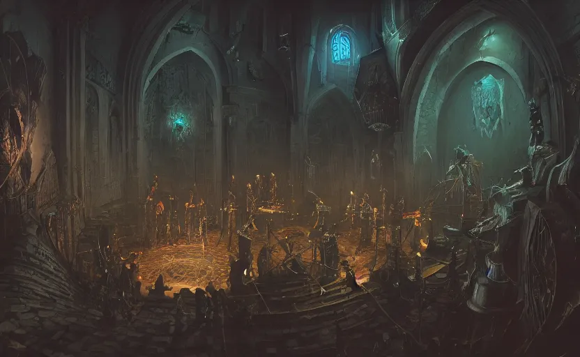 Prompt: a dark metal band performing in a castle, moebius, greg rutkowski, zabrocki, karlkka, jayison devadas, phuoc quan, trending on artstation, 8 k, ultra wide angle, video game graphics, realistic art, zenith view, cyberpunk pincushion lens effect