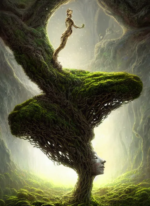 Image similar to Portrait of an Ancient Stone Robot with a tree growing out of her head, patches of moss, translucent leaves, extremly detailed digital painting, in the style of Tomasz Alen Kopera and Fenghua Zhong and Peter Mohrbacher, mystical colors, rim light, beautiful lighting, 8k, stunning scene, raytracing, octane, trending on artstation