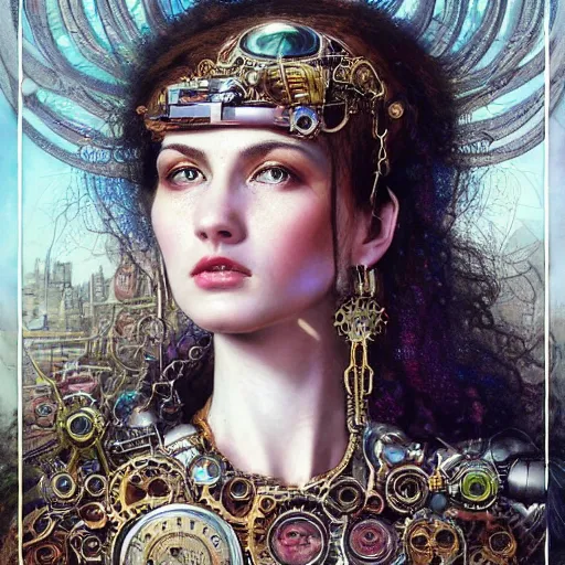 Image similar to A head and shoulders masterpiece portrait of a steampunk beautiful goddess, she half human and half robot, she is embellished with few gears wheels and gemstones, by William Holman Hunt, Greg Rutkowski, Stanely Artgerm, Tooth Wu, Peter Gric, Aaron Horkey, trending on Artstation, digital art, mythological, symmetrical artwork, cinematic lighting, hyper realism, high detail, octane render, ultra realistic, golden ratio, 4k, 8k