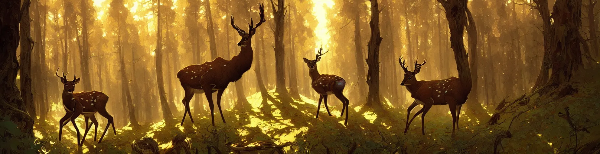 Image similar to Deer in Sherwood Forest, highly detailed, digital painting, artstation, concept art, smooth, sharp focus, illustration, art greg rutkowski and alphonse mucha