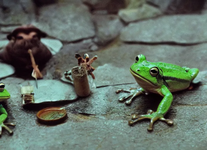 Image similar to movie still of a wes anderson movie about frogs