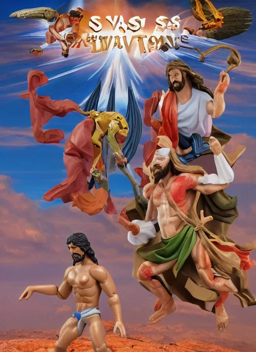 Image similar to Jesus vs the Devil in the flying sandals of salvation action figures toy pack