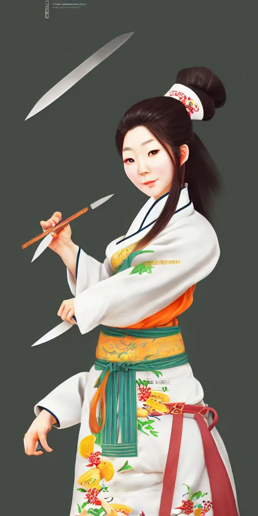 Image similar to character concept of a south korean female chef, wearing a beautiful hanbok inspired apron, holding magical kitchen knives, by kan liu and loish, high resolution, fantasy coloring, intricate, artstation, smooth, sharp focus