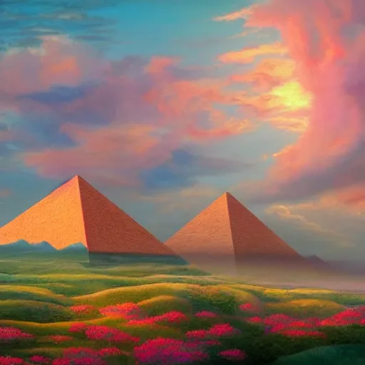 Image similar to a detailed fantasy landscape of dreamy pyramids over the pink clouds by lauri blank, artgerm, evelyn de morgan, 8K, 50mm lens
